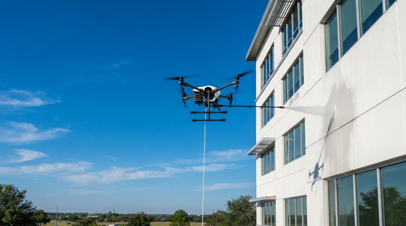 A wash drone working up the side of a building